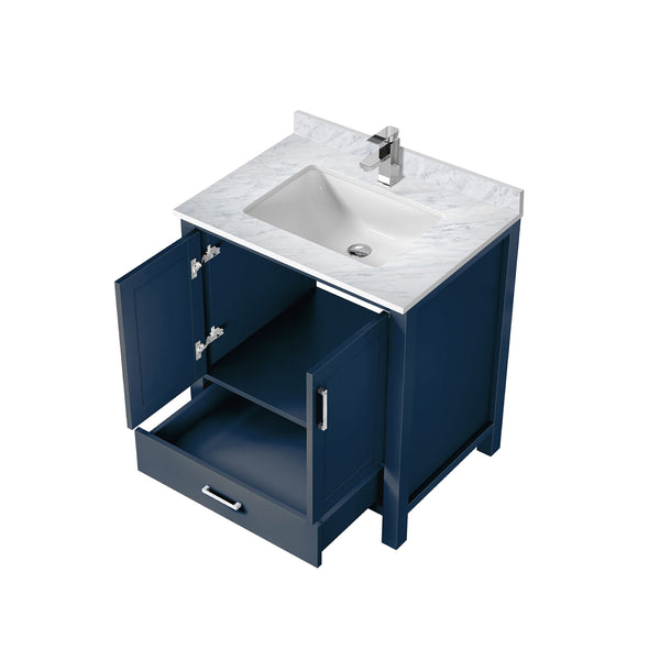 English Elm Navy 30" Bath Vanity with Carrara Marble Top, Soft-Close Drawer, Chrome Faucet & Storage Shelf B2731P259011