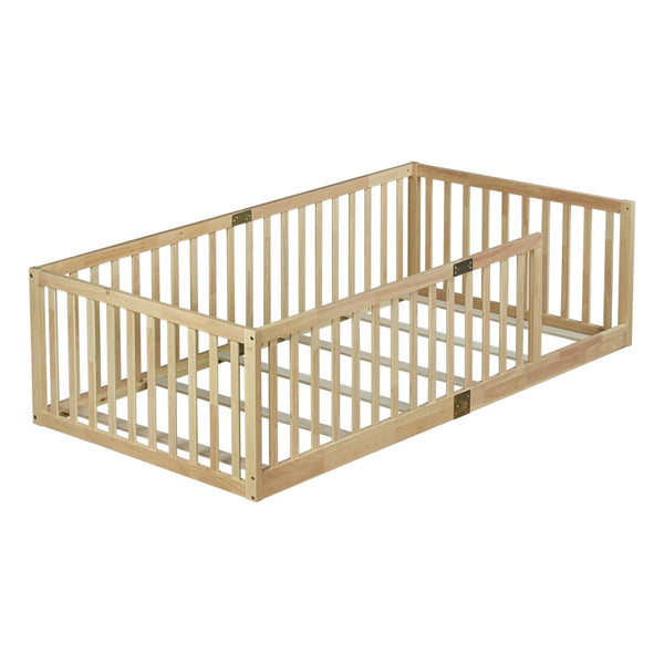 English Elm Twin House Frame Floor Bed Rubberwood with Roof Canopy and Safety Rails for Kids Natural W504P429531