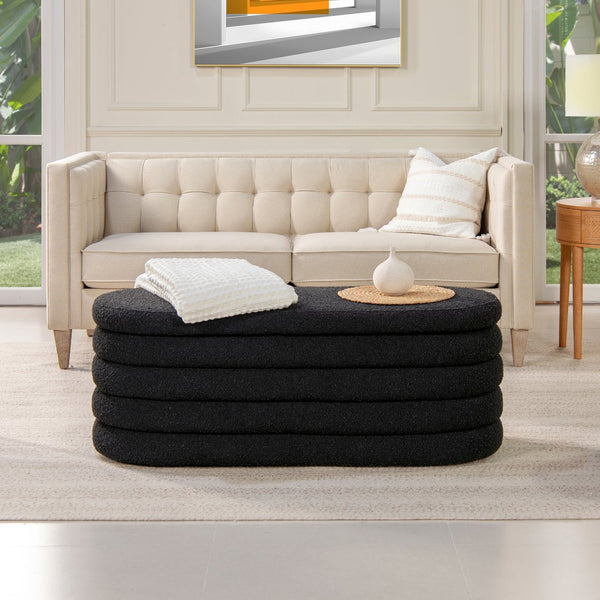 English Elm Jennifer Taylor Home - Fuji 49" Upholstered Oval Storage Bench with Bouclé Texture, Plush Tufted Lid & Hidden Compartment Black B2719P238463