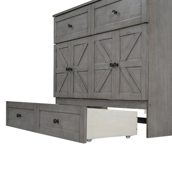 English Elm Full Size Murphy Bed Rattan Cabinet with Storage Drawers and Gold Hardware N708S00005AAE