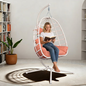 English Elm Egg Hanging Chair with Stand Pe Rattan Swing Seat Washable Cushion Patio Bedroom T5880P497430
