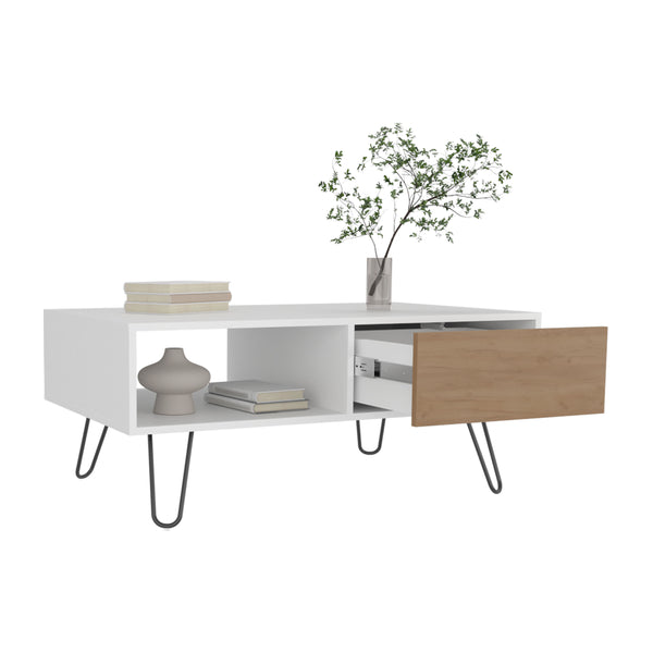 English Elm Tori Modern 39" Coffee Table with Drawer & Open Shelf, Slanted Metal Legs, Compact Multi Oak B200P253749