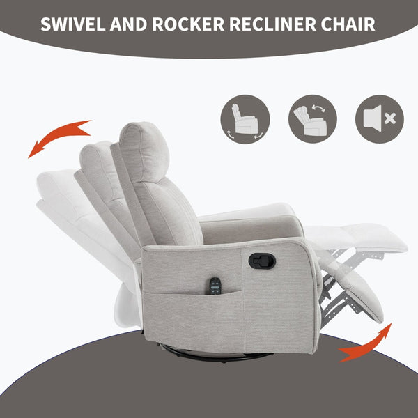English Elm Blue Fabric Swivel Rocker Recliner with Massage Heat Nodes for Living Room Comfort Light Gray W1803P321838