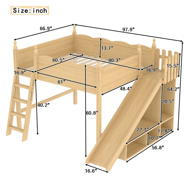 English Elm Queen Loft Bed With Detachable Slide, Storage Shelves & Cabinet - Solid Wood For Fun & Space Savvy! W1580S00250-GIGA