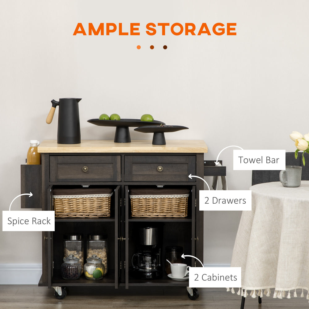 English Elm HOMCOM Modern Mobile Kitchen Island Cart with Butcher Block Top, Spice Rack, Drawers & Locking Casters W2225P173894