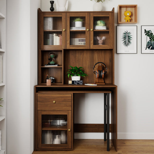 English Elm Computer Desk with Glass Doors and Hutch, Spacious 4-Cabinet Storage, Drawer & Rotating Top Walnut W331S00195