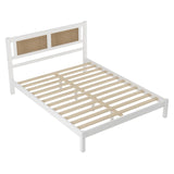 English Elm 3-Pieces Bedroom Sets Queen Size Wooden Platform Bed With Natural Rattan Headboard, Nightstands Set Of 2 With Rattan-Woven Surfaces and Three Drawers For Bedroom, White