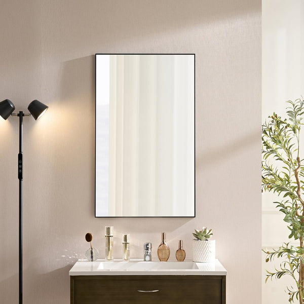 English Elm 36x22inch Glossy Black Bathroom Mirror Minimalist Metal Frame 360° Hang HD Float Glass Vanity Reflective Edge W2091P344794