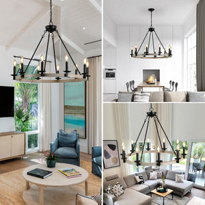 English Elm 32" Rustic Farmhouse 10-Light Chandelier in Matte Black & White Oak, Round Iron Wood Hanging Fixture W1340P221222