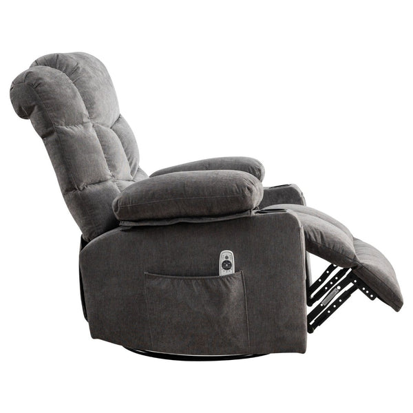 English Elm Oversized Swivel Recliner with Massage Heating Linen Upholstery and Usb Port Gray W1521P411670