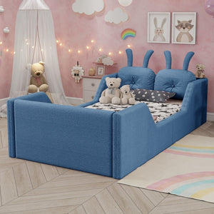English Elm Twin Kids Platform Bed Teddy Fabric Upholstered with Bunny Cushions and Safety Rails Blue W2593P395808