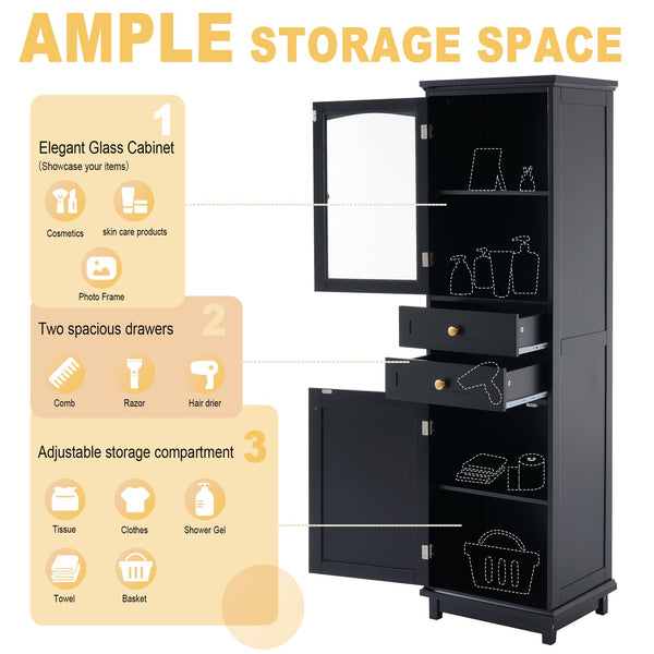 English Elm 63" Tall Bathroom Vanity Cabinet with Glass Doors, Two Drawers and Adjustable Shelves for Stylish Storage Black N729P171305B