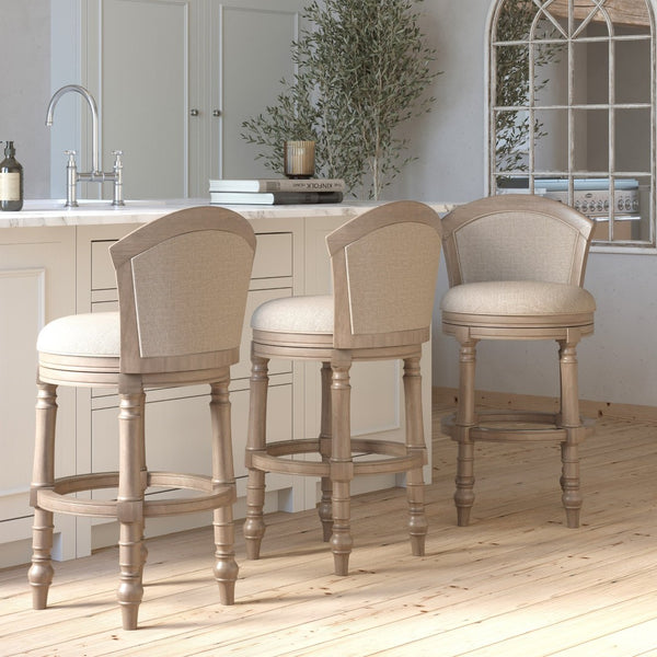 English Elm 26" Farmhouse Barrel Back Swivel Counterstool Upholstered Wood Frame Kitchen Island Seating Gray B2751P436471