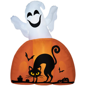 English Elm HOMCOM 5ft Halloween Inflatable Ghost with Painted Pumpkin Base, LED Lights, Stakes & Easy Setup W2225P217529