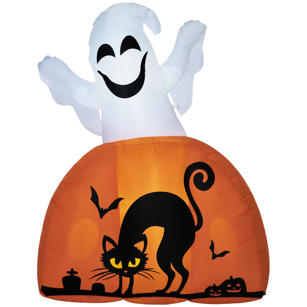 English Elm HOMCOM 5ft Halloween Inflatable Ghost with Painted Pumpkin Base, LED Lights, Stakes & Easy Setup W2225P217529