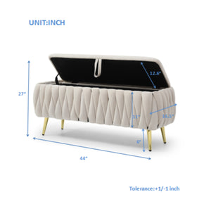 English Elm Oval Teddy Fabric Storage Bench with Gold Legs — 43.4" Large Upholstered Ottoman for Entryway Seating and Hidden Organization Beige W1117P184677