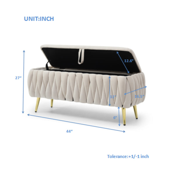 English Elm Oval Teddy Fabric Storage Bench with Gold Legs — 43.4" Large Upholstered Ottoman for Entryway Seating and Hidden Organization Beige W1117P184677