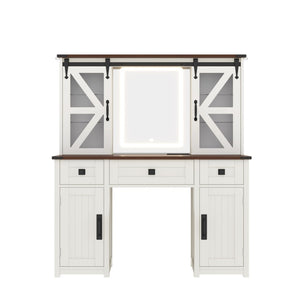 English Elm 43.3" Rustic Farmhouse Vanity Desk with Led Mirror Barn Door Stool Charging Station N704P328548A