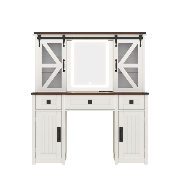 English Elm 43.3" Rustic Farmhouse Vanity Desk with Led Mirror Barn Door Stool Charging Station N704P328548A