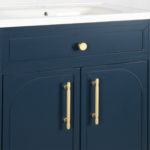 English Elm 27.8" Mid-century Freestanding Bathroom Vanity with Ceramic Sink Drawer and Wood Base Blue W1801S00005