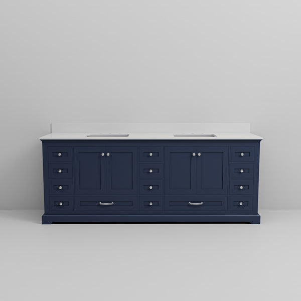 English Elm Navy Double Bath Vanity 84" W x 22" D with White Quartz Top, Solid Wood, Soft-Close, 14 Drawers, Ample Storage B2731P258310