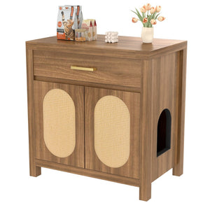 English Elm Cat Litter Box Cabinet with Sisal Doors Storage Drawer and Nightstand Surface N704P379111P