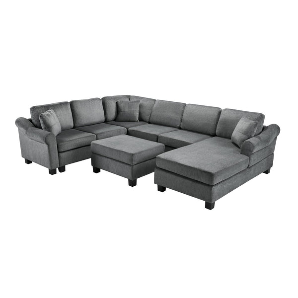 English Elm Sectional Plush chenille U-shaped sofa with pleated arms, pocket-spring seats & hidden ottoman storage Dark Gray N719S000810R
