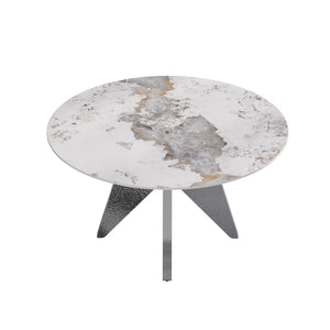 English Elm 53" Round Marble Dining Table - Sleek White Sintered Stone & Silver Stainless Base For 6 People Dining W1535S00461