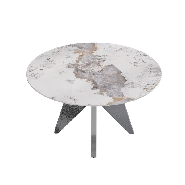 English Elm 53" Round Marble Dining Table - Sleek White Sintered Stone & Silver Stainless Base For 6 People Dining W1535S00461