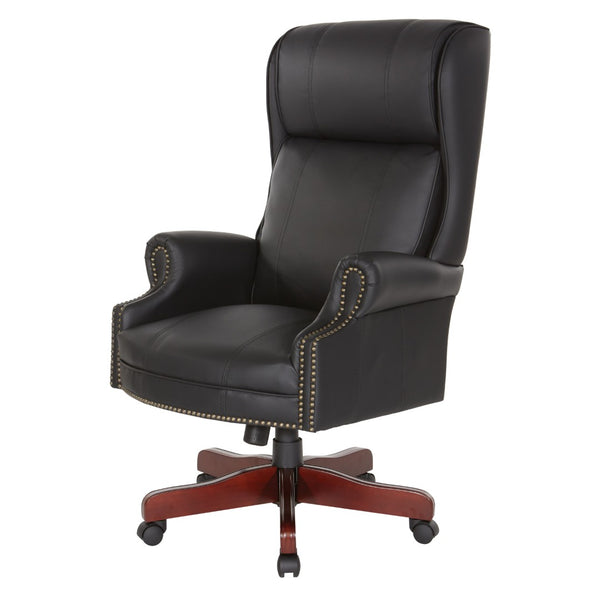 OSP Home Furnishings Executive Wingback Office Chair with Lumbar Support Brass Nail Trim and Cherry Wood Base TEX280-3