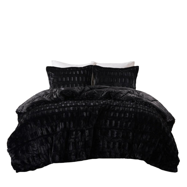 English Elm 3 Piece Shaggy Faux Fur Comforter Set Plush Lodge Style Hypoallergenic Bedding Black B035P319600