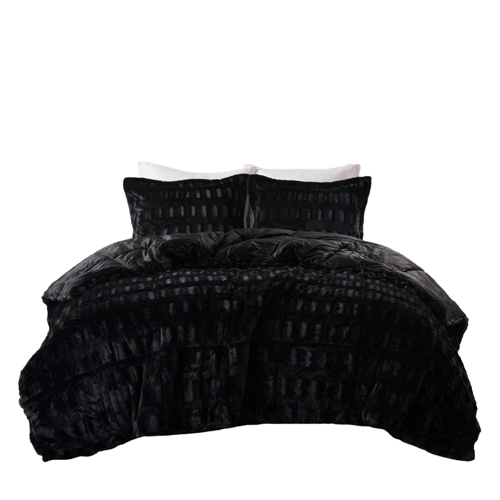 English Elm 3 Pcs King/Cal King Luxurious Solid Faux Fur Comforter Mini Set - Cozy Black Elegance For Your Bedroom B035P319601