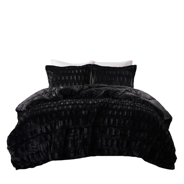 English Elm 3 Pcs King/Cal King Luxurious Solid Faux Fur Comforter Mini Set - Cozy Black Elegance For Your Bedroom B035P319601