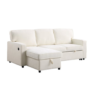 English Elm U_STYLE Chenille Upholstery Sleeper Sectional Sofa with Pull-Out Bed, Chaise Storage & Comfort Beige W1099S00146