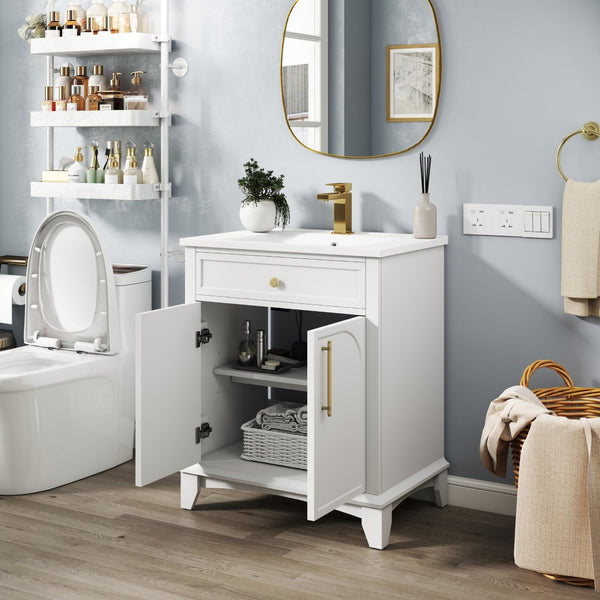 English Elm 27.8" Mid-century Freestanding Bathroom Vanity with Ceramic Sink Drawer and Wood Base White W1801S00004