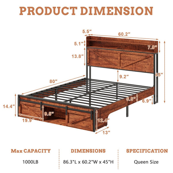 English Elm Queen-size Platform Bed with Led Headboard Storage Footboard and Built-in Charging Brown W5026P429527
