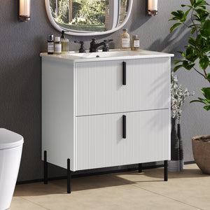 English Elm Christopher Knight Home® - 30" Elegant Bathroom Vanity With Ceramic Sink, Soft-Close Drawers & Fluted Design In Timeless White N817P295761W