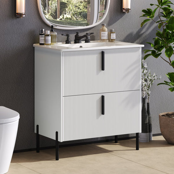 English Elm Christopher Knight Home® - 30" Elegant Bathroom Vanity With Ceramic Sink, Soft-Close Drawers & Fluted Design In Timeless White N817P295761W