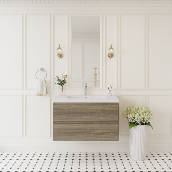 English Elm 36'' Floating Vanity Fluted Front Smoked Walnut Soft Close Drawer Quartz Basin Grey Ash W1920P385482