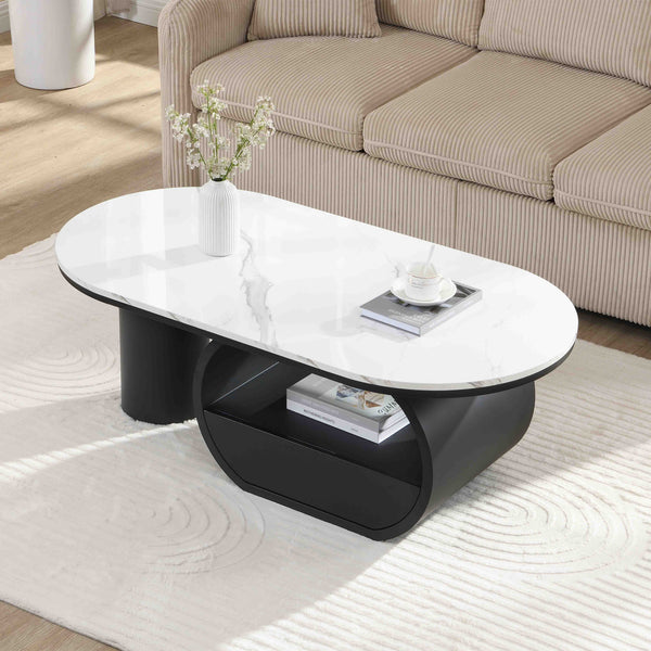 English Elm Luxury Oval Coffee Table with Faux Marble Top, Sturdy Metal Frame, Storage Drawer, Adjustable Feet Black White W821S00031