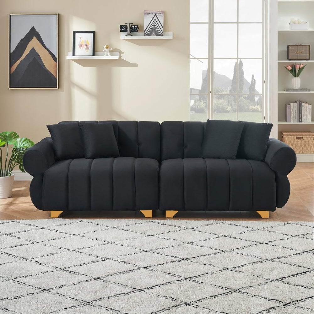 English Elm 89-inch Channel Tufted Flannelette Sofa with Spring Cushions and Polished Metal Legs W1658P329003