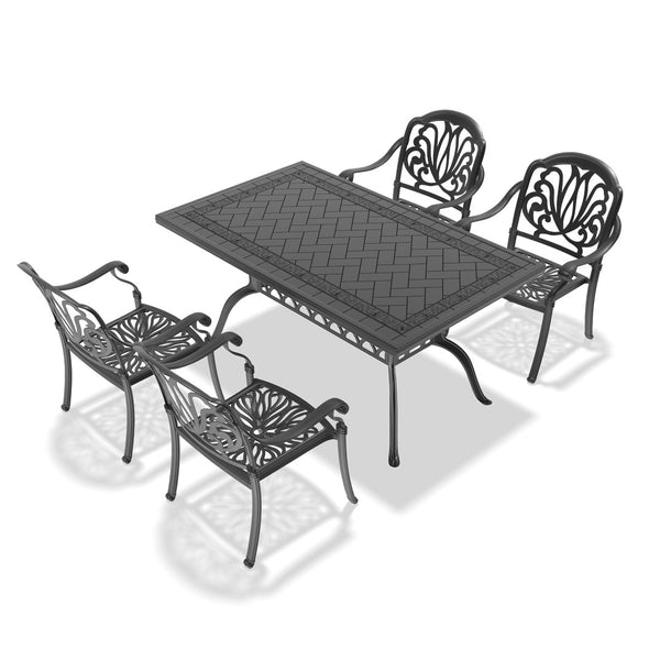 English Elm 5-piece Cast Aluminum Outdoor Dining Set Old World Ornate Patio Furniture Brown Cushions W1710S00572