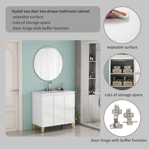 English Elm 36-inch Glossy White Bathroom Vanity with Ceramic Sink Soft Close Drawers Minimalist W3151S00074