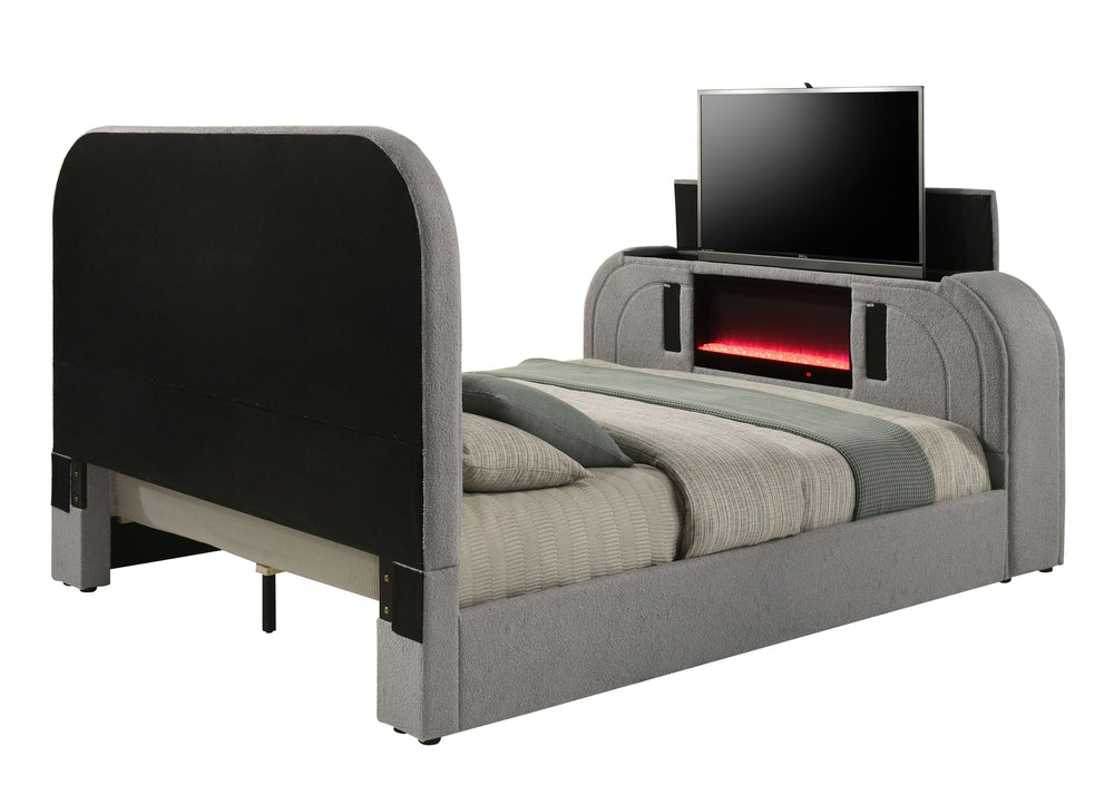 English Elm Shelyn Teddy Sherpa Queen Bed with LED Headboard, Fireplace TV Lift, Bluetooth Speakers & Storage Gray 85.63 L x 12.6 W x 6.18 H B2726S00530