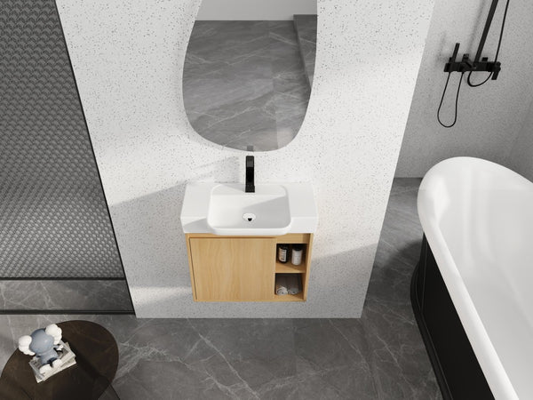 English Elm 24'' Floating Wall Mounted Bathroom Vanity with Ceramic Sink and Soft Close Cabinet Light Oak W999P426633