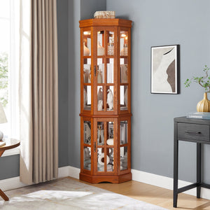 English Elm Corner Curio Cabinet with 5 Shelves and Built-In Lighting, Glass Display Case for Home Décor and Collectibles, Space-Saving Corner Accent (47x21x10.75) Oak W1693P183979