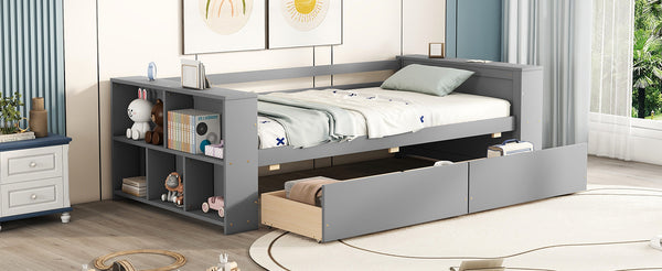 English Elm Twin Pine Wood Daybed with Shelves & Drawers, Gray — Space-Saving Twin Sofa Bed with Storage, Sturdy WF324220AAE