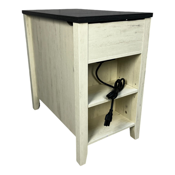 English Elm Farmhouse Nightstand with Charging Station and Barn Door Drawer — USB-C, AC Outlets, Compact Storage White+Black W1412P230408