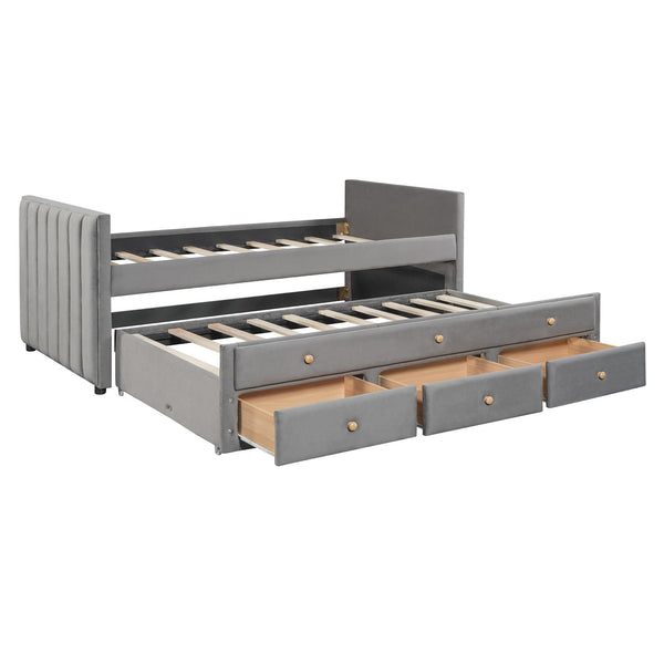 English Elm Twin Upholstered Daybed with Pull-Out Trundle and 3 Drawers, Velvet Finish, Solid Frame, Slat Kit Included Gray SF000147AAE