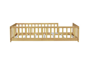 English Elm Twin Size Rubberwood Floor Bed with Safety Fence for Toddler Rooms Natural Finish W504P370528